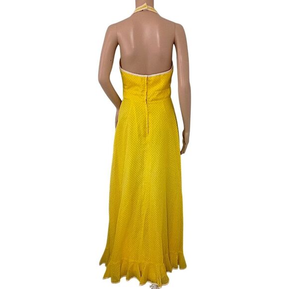Vtg Maxi Dress Sz XS/S Hostess Halter Yellow White Polka Dot Sheer Overlay 70s - Picture 8 of 16